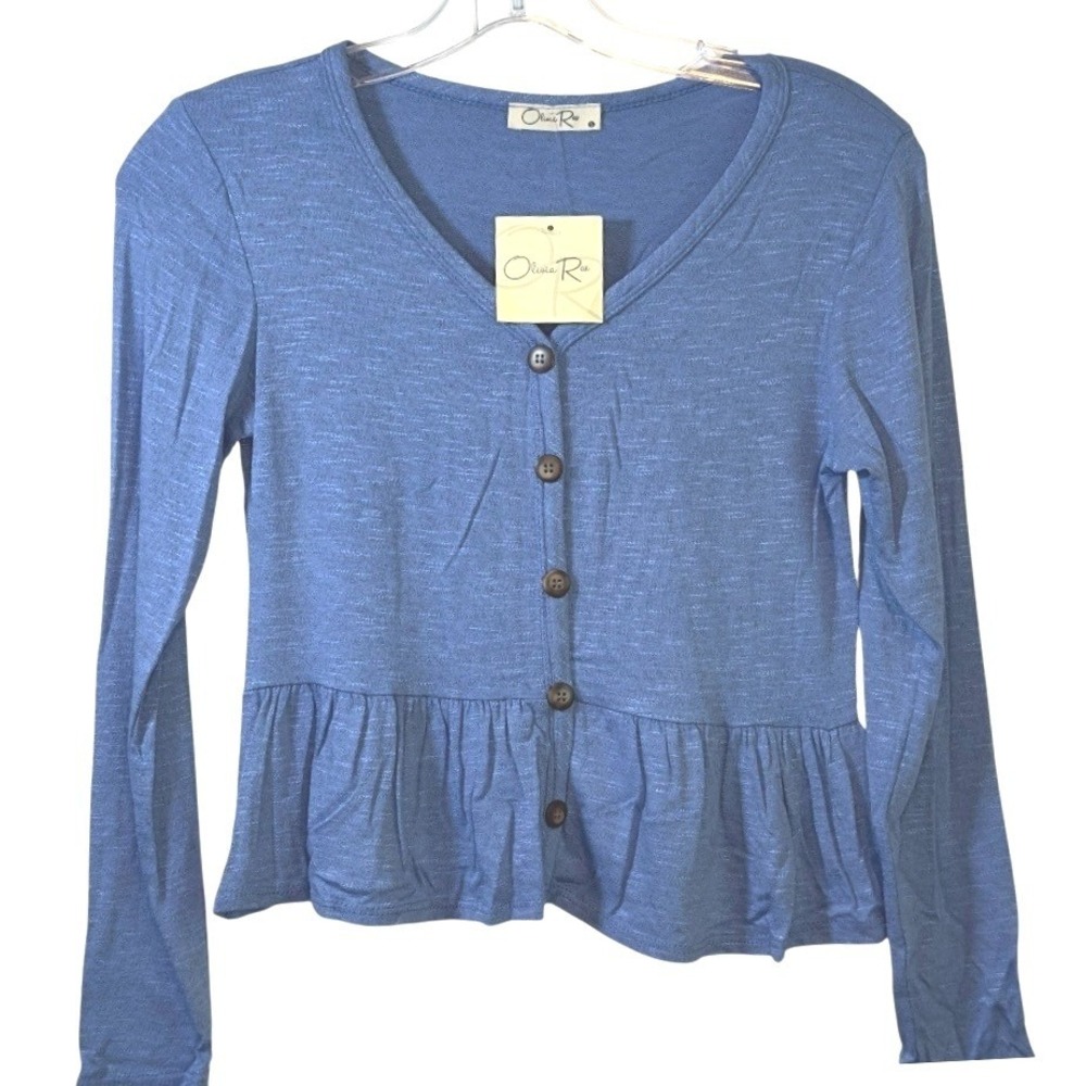 Olivia Rae Peplum Top Long Sleeve Blue Knit Shirt Faux Button Front JR Small NWT